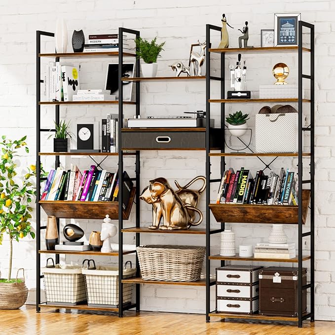 NUMENN Triple Wide 6 Tier Bookshelf, Adjustable Rustic Industrial Style Book - Image 2