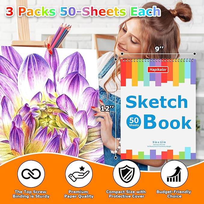 3-Pack 50 Sheets 9" x 12" Sketch Book, Spiral Bound Art Sketchbook, Bulk School - Image 2