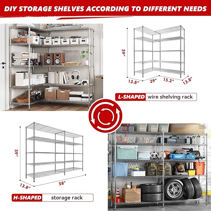 REIBII 58" W Storage Shelves Wire Shelving 1400LB Metal Shelves - Image 9