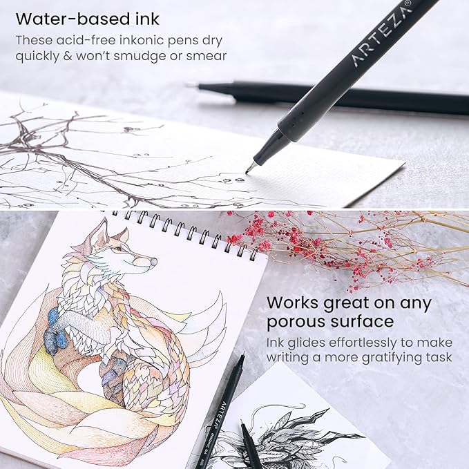 ARTEZA Inkonic Fineliners Pens, 0.4 mm Fine Tip Markers, Water-Based Art Pens - Image 4