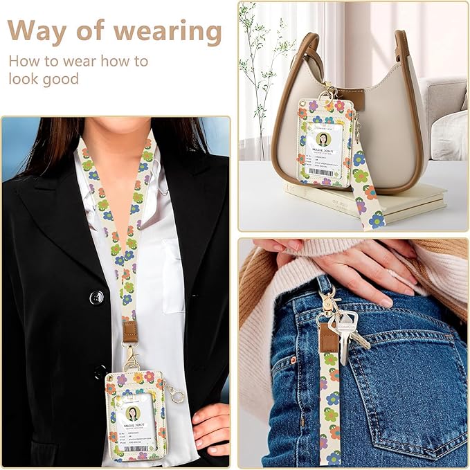 bolimoss 2-in-1 ID Badge Holder & Lanyard Wallet, Cute Floral Lanyard - Image 6