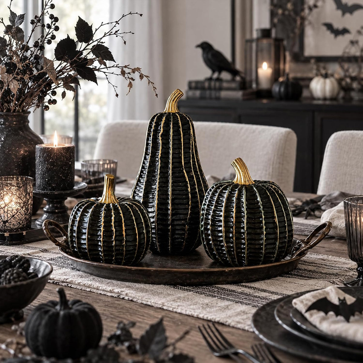 Parsin 3 Pcs Black & Gold Resin Pumpkin Decorations for Fall and Halloween