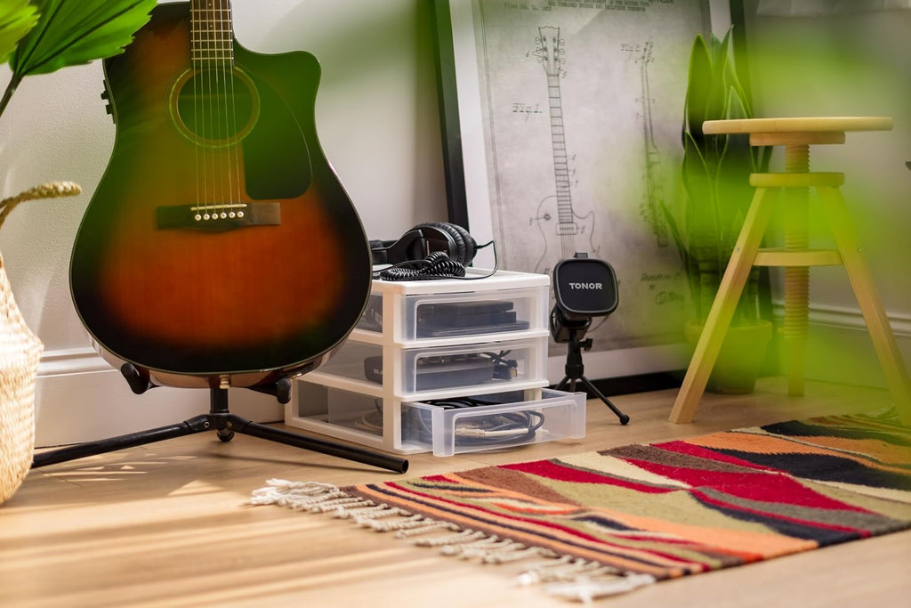 iris usa 2-pack, 3-drawer medium plastic stacking desktop shown in use