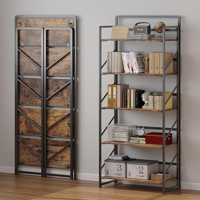 JSB Folding Bookshelf, Industrial Storage Shelves, No Assembly Vintage Wood - Image 4