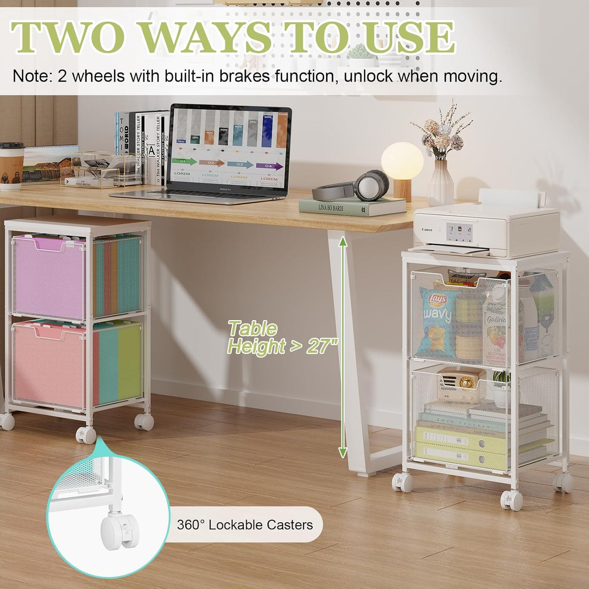 Rolling File Cart with 2 Storage Drawers,Under Desk Storage Cart