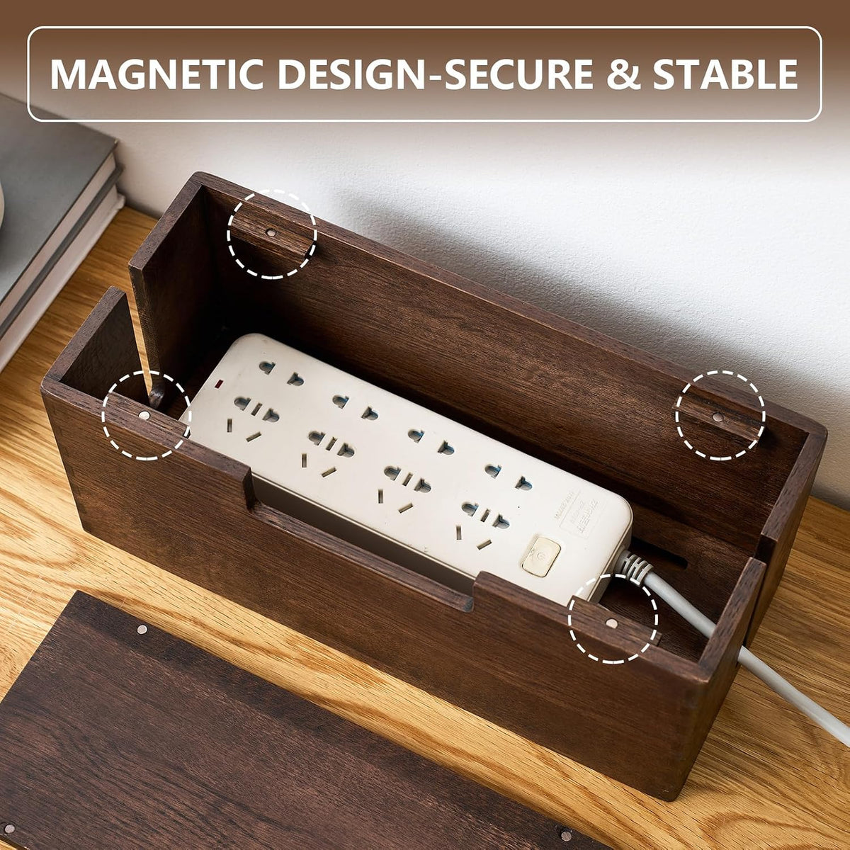 Oak Wood Cable Management Box - Large Cord Hider & Organizer with Magneti...