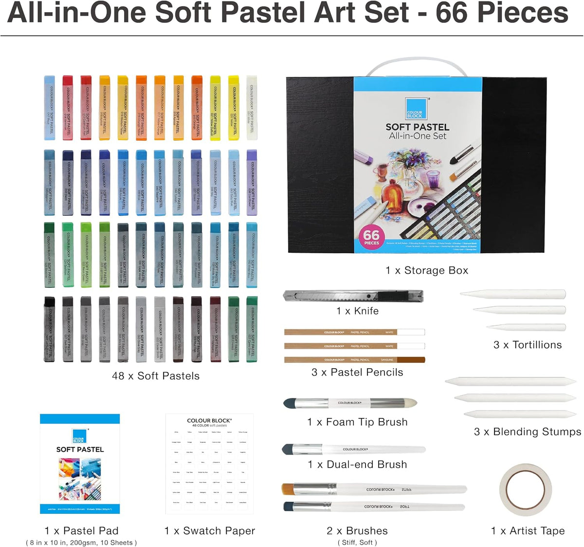 colour block 66-pc soft chalk pastels and tools, close-up detail