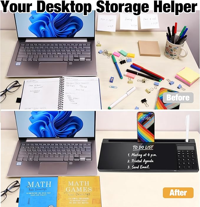 Glass Desktop Whiteboard with Calculator & Storage, Desk Dry Erase Note Memo - Image 6