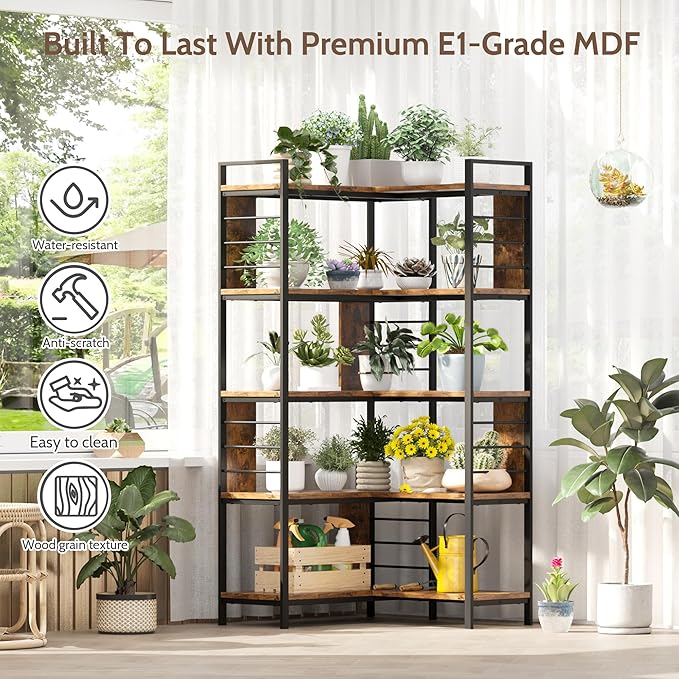 5 Tier Corner Bookshelf, Reversible Corner Shelf, Industrial Wooden Display - Image 6