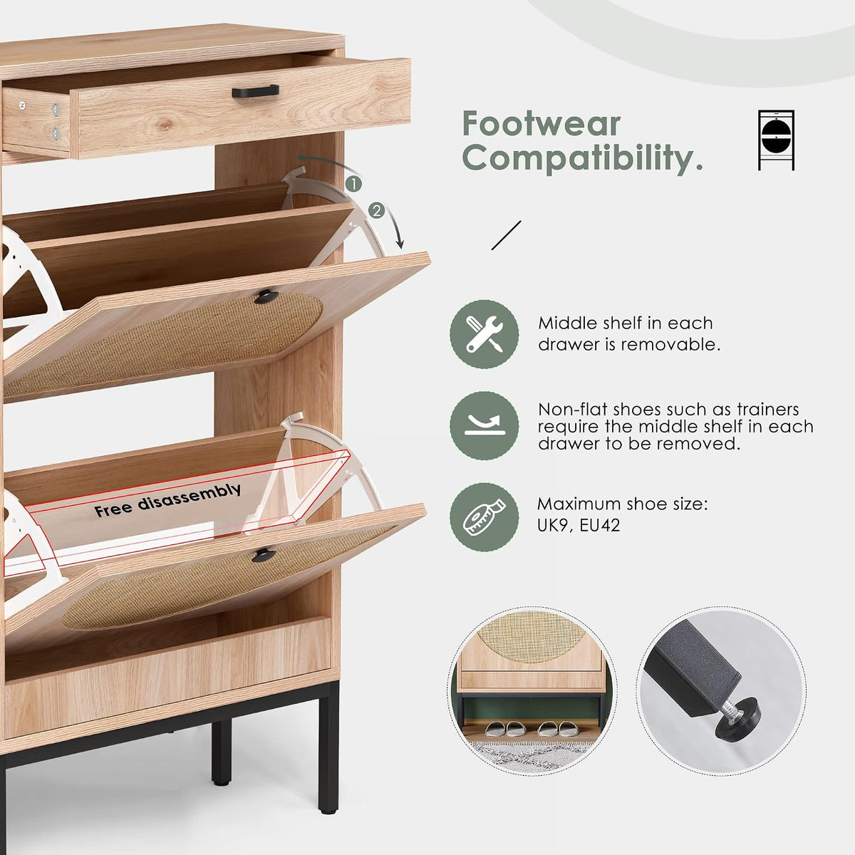 Yechen Shoe Rack Storage Organizer with 2 Natural Semi-Circular Rattan Doors,...