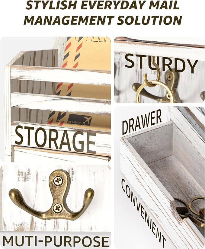 Rebee Vision Farmhouse Mail Organizer Wall Mounted – Rustic Key and Mail Holder - Image 2