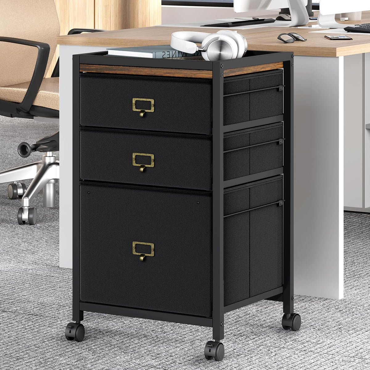 GAOMON File Cabinet, Filing Cabinet with 3 Drawer, Mobile File Cabinet Fits Letter Size or A4, Fabric Vertical File Cabinet on Wheels, Home Office Small Under Desk Storage Cabinet, Black