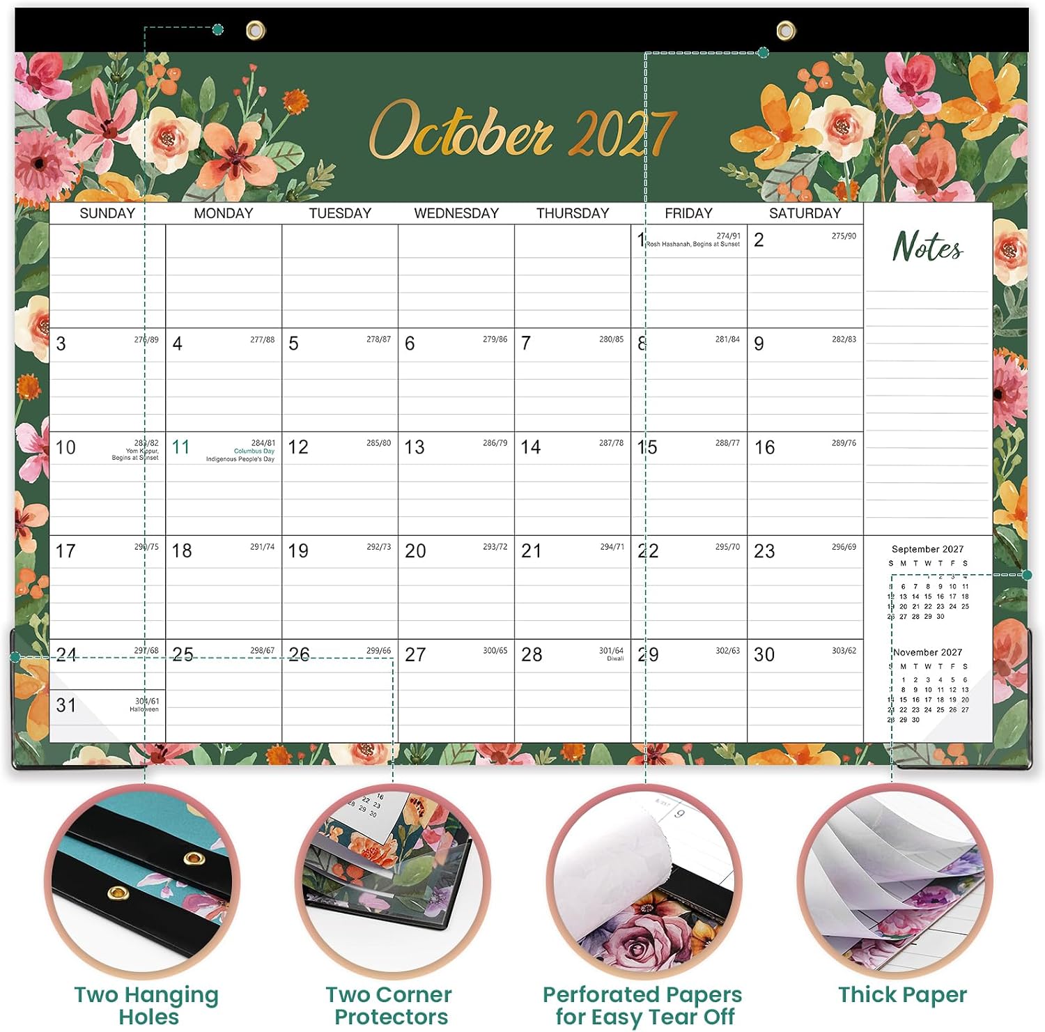 2027 Desk Calendar - January 2027 - December 2027, 17" x 12" | Large Desk Calendar, 12-Month Desktop/Wall Monthly Calendar for Home School, or Office - 12 Floral Patterns