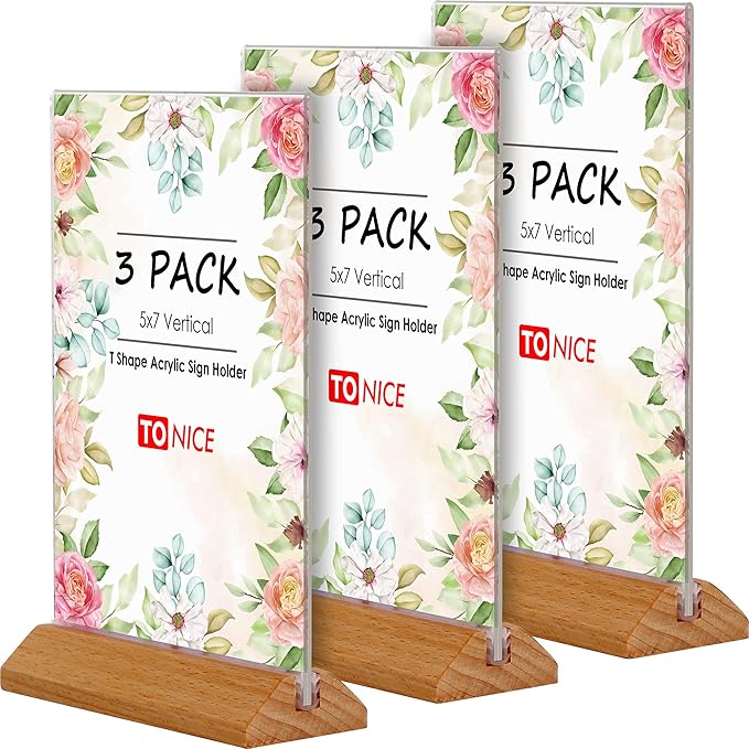 TONICE® 3 Pack 5x7 Acrylic Sign Holder T Shape Clear Acrylic Double Sided Frames by TONICE