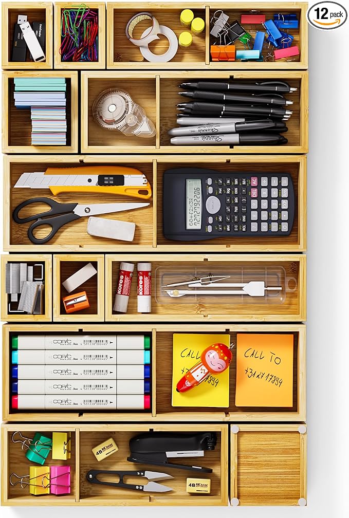 VA1KENE 12-Piece Bamboo Desk Drawer Organizer Set – Adjustable Storage Boxes by VA1KENE