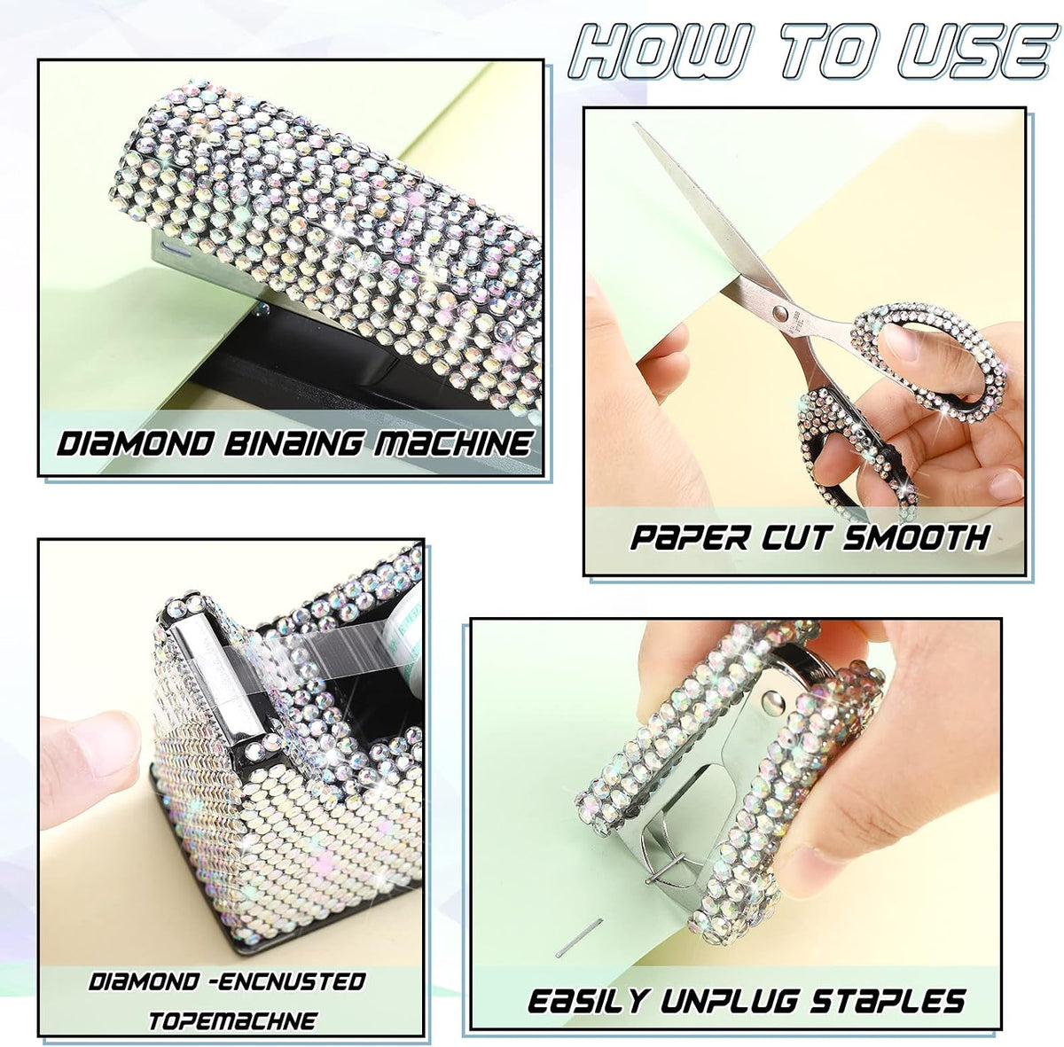 Demissle 6 Pcs Bling Office Desk Accessories Crystal Kit, White