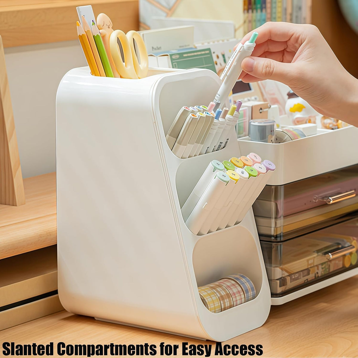 Desk Organizer with Pen Pencil Holder, Pen Organizer with 2 Drawers & 4 C...