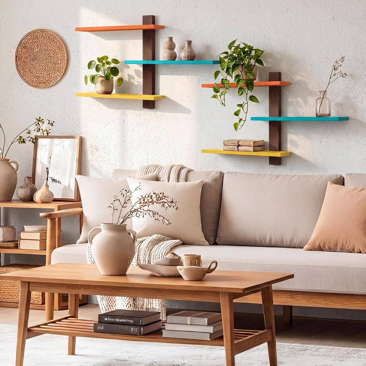 Pinkunn 2 Pack Floating Wall Shelf Mid Century Decor, Mid Century, 3 Tier