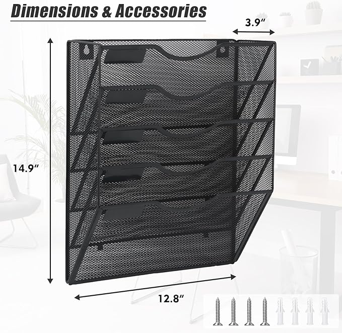 EASEPRES 5 Pocket Mesh Hanging Wall File Organizer, Wall Mounted Mail Paper - Image 2