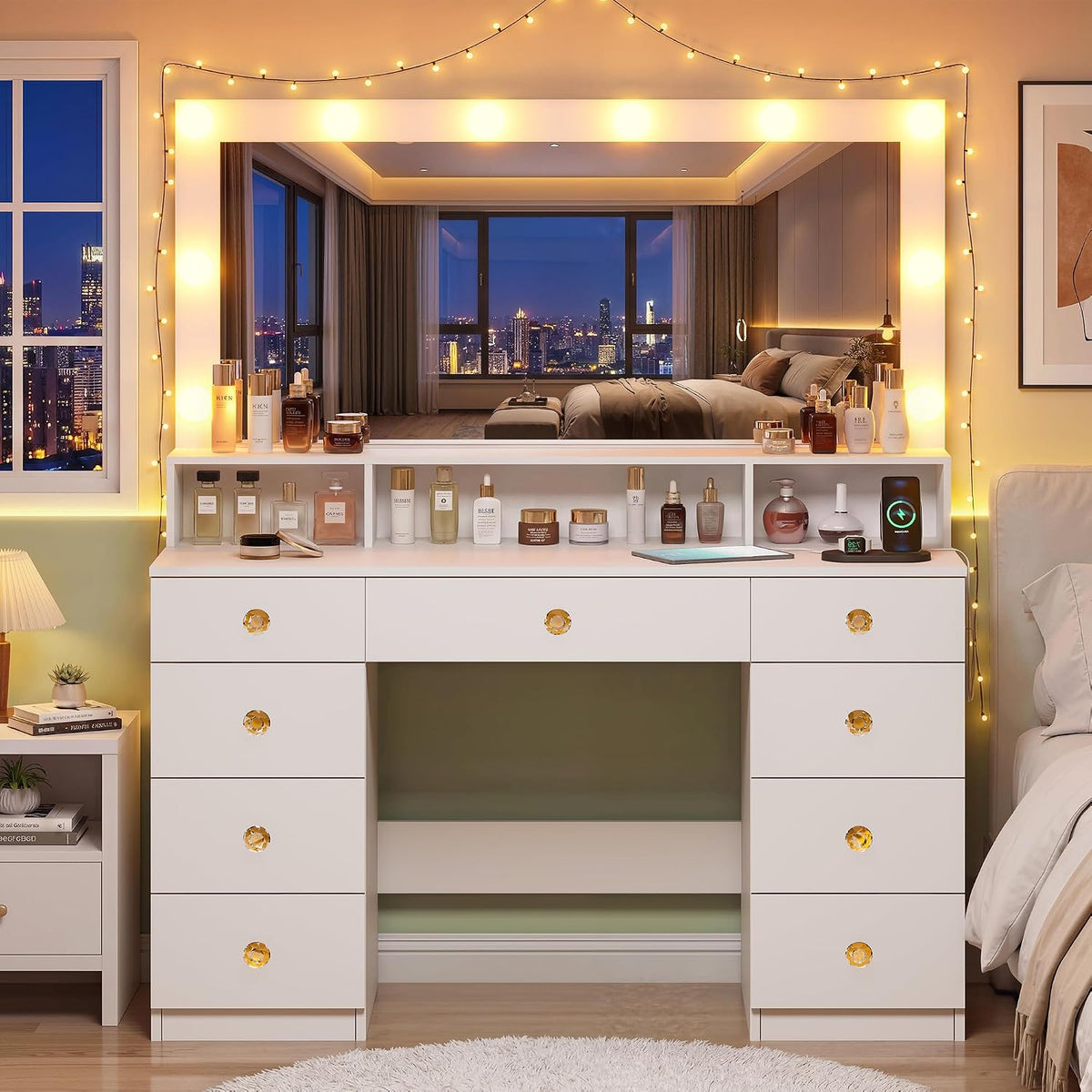 Vanity Desk with Mirror and Lights, Makeup Vanity Table with Power Outlet, 9 ...