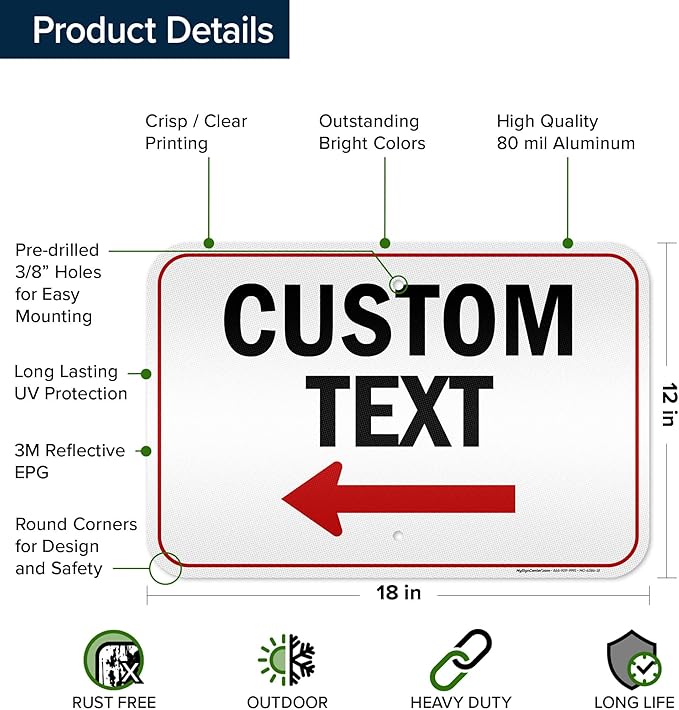 Custom Arrow Directional Sign, Left Arrow, 12x18 Inches, 3M EGP Reflective - Image 6