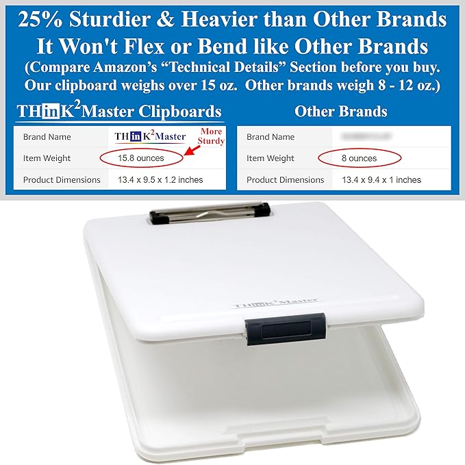 Think2Master White Plastic Storage Clipboard. | 25% Heavier & Sturdier| Heavy - Image 2