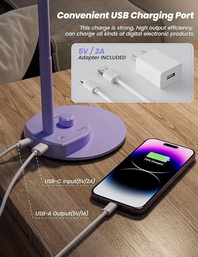 BOHON LED Desk Lamp with USB Charging Port, 3 Color Modes Fully Dimmable - Image 3