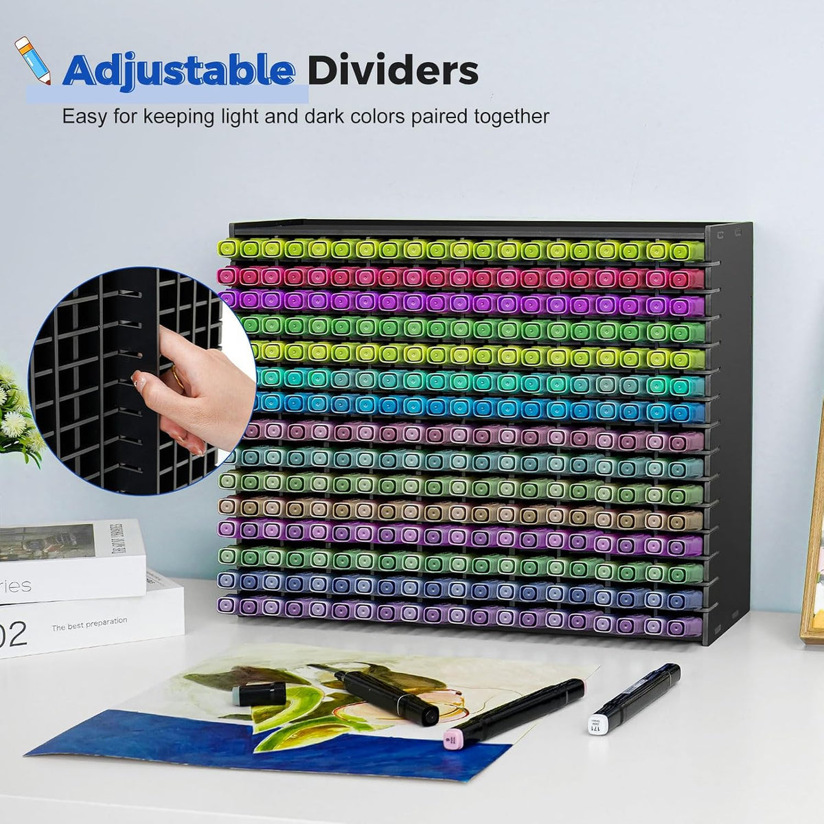 sanfurney art marker storage rack for 300 markers, close-up detail