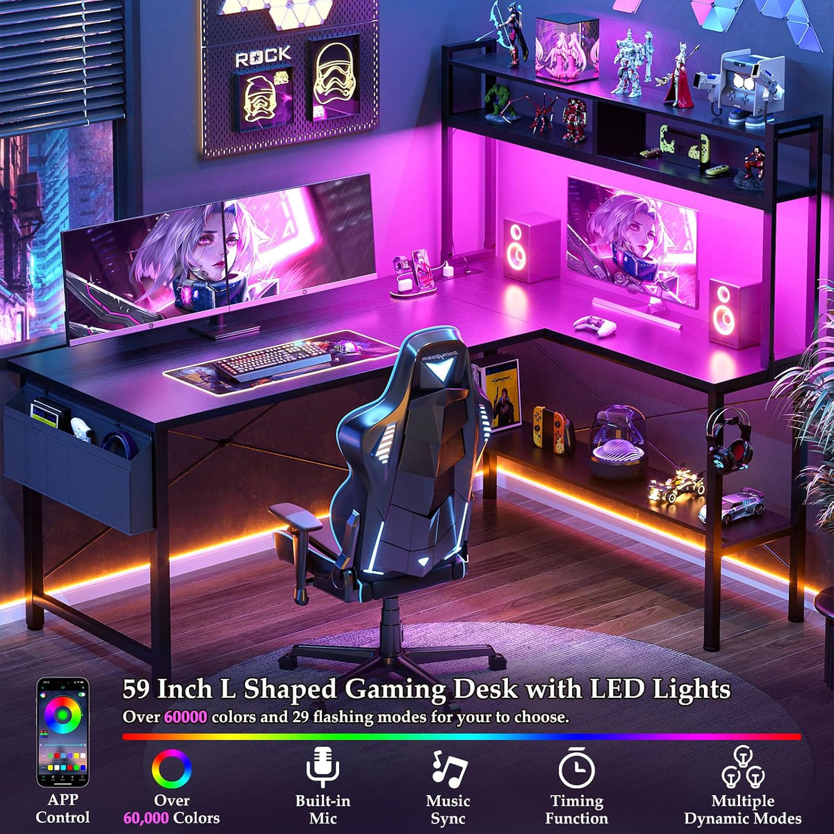 Aheaplus 59" L Shaped Desk Gaming Desk with LED Light & Power Outlet...