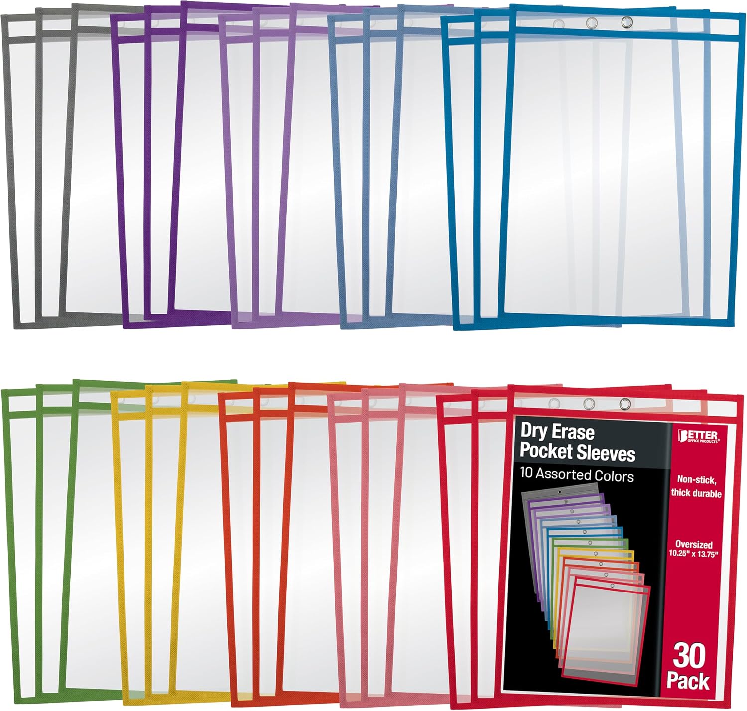 Better Office Products Dry Erase Pocket Sleeves, 30 Count, Crystal Clear, Oversized, 10.25" x 13.75", Heavy Duty Dry Erase Pocket Sheet Protectors, Reusable Pockets with 10 Assorted Colors, 30 Pack