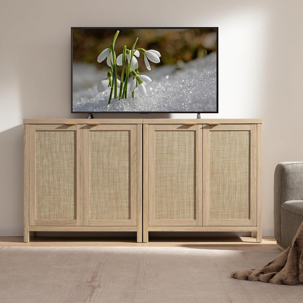 SICOTAS Sideboard Buffet Cabinet with Large Storage : Rattan Boho Credenza | Farmhouse Coffee Bar Storage Cabinet with Adjustable Shelves, Rattan Doors, Buffet Table for Kitchen Living Room Hallway