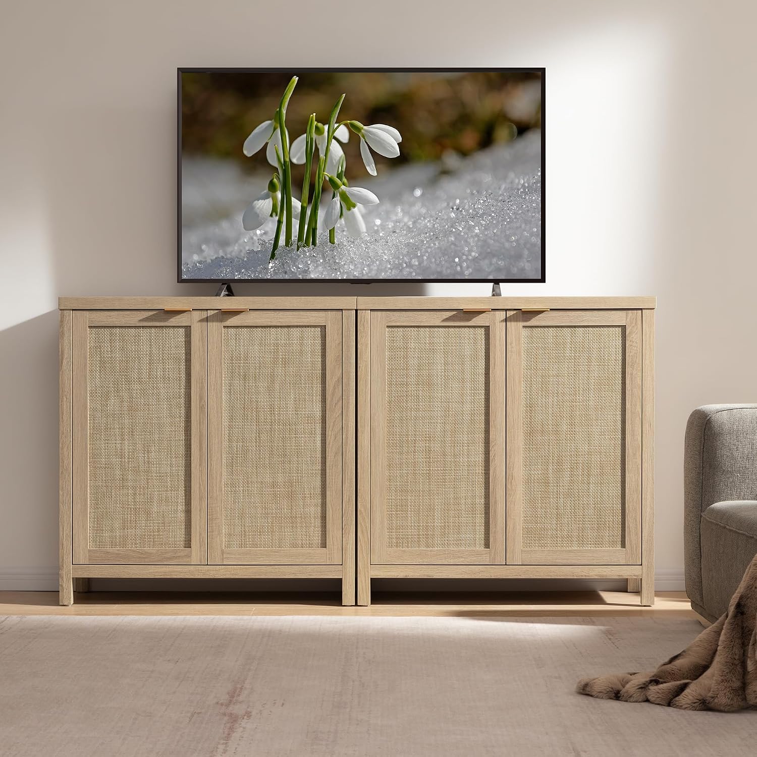 SICOTAS Sideboard Buffet Cabinet with Large Storage : Rattan Boho Credenza | Farmhouse Coffee Bar Storage Cabinet with Adjustable Shelves, Rattan Doors, Buffet Table for Kitchen Living Room Hallway