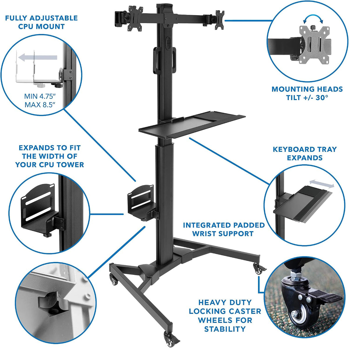 Mount-It! Dual Monitor Computer Cart – Mobile Standing Desk with Wheels, Roll...