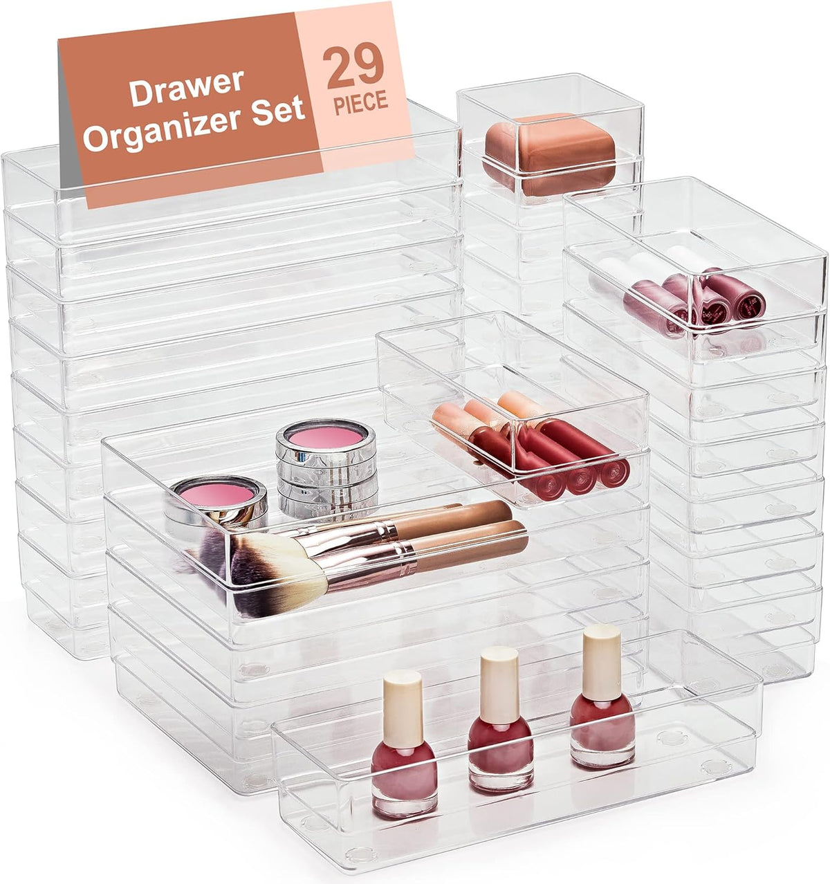 SMARTAKE 29 PCS Drawer Organizer, 4-Size Desk Bathroom Drawer Organizer