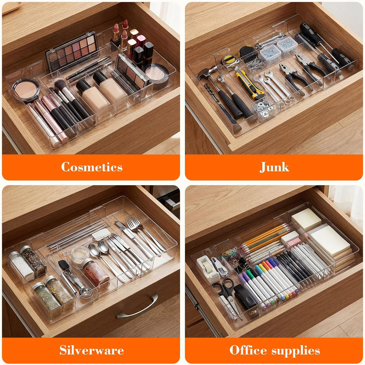 Briwooody 2 Pcs Expandable Drawer Organizer, Clear, 8 Compartments