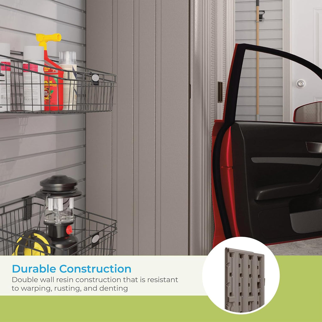suncast mega tall storage cabinet for garage organization, side view