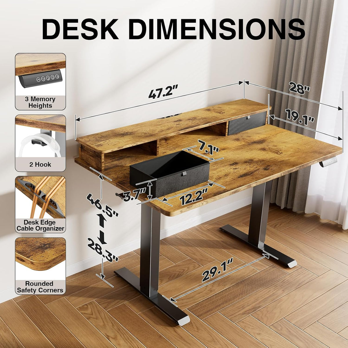 Veken 47x28 in Electric Standing Desk with Drawers, Adjustable Table, Brown