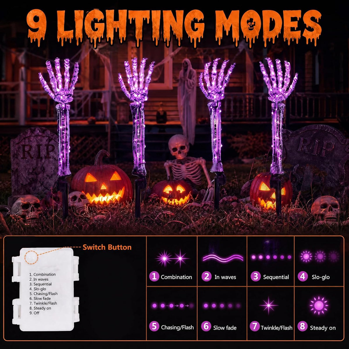 Halloween Skeleton Arm Stakes 4‑Pack, 160 Purple LED Battery‑Powered Lights