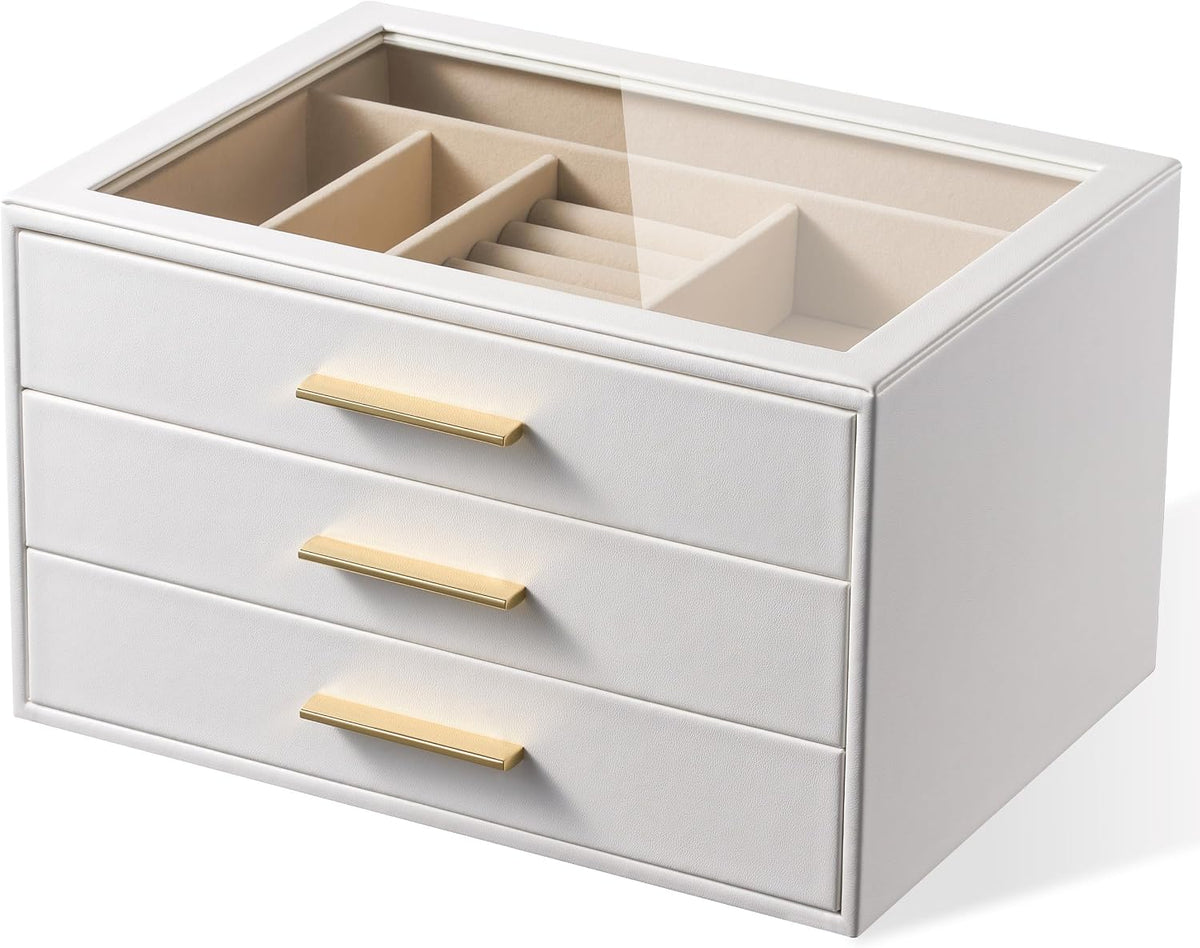 Jewelry Box Organizer Storage Case, 3-Layer with Glass Window, Pure White