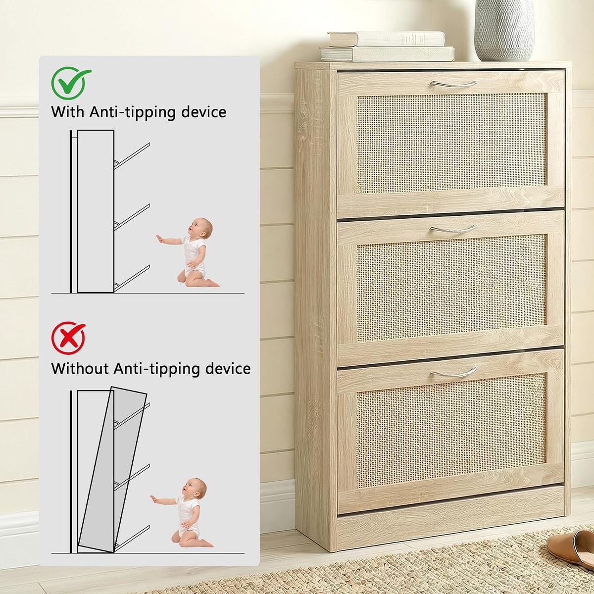 Rattan Shoe Storage Cabinet with 3 Flip Drawers