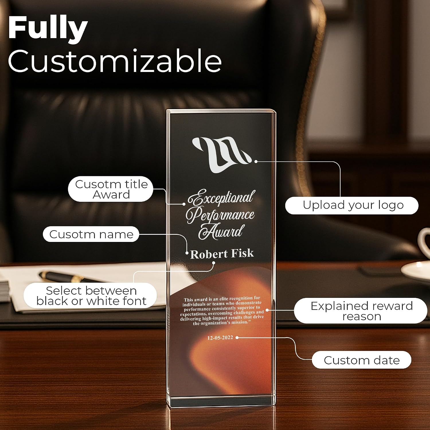 EGD Personalized Acrylic Trophy Award With Logo | Custom Corporate Recognition Gift for Employee Appreciation, Business Events and Staff Milestones | Wide 3.5" x 10" Height (G. 1/2" Thick Award)