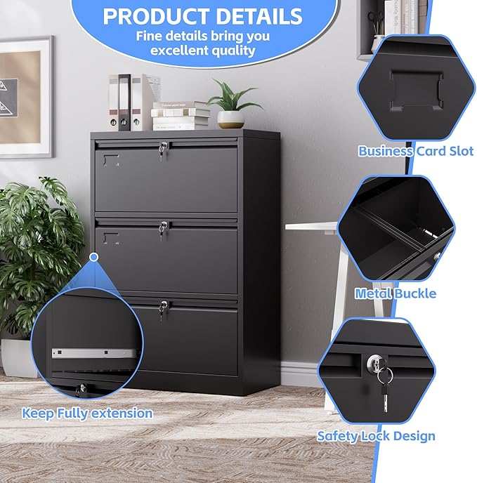 SUXXAN 3 Drawer File Cabinet, Lateral Filing Cabinet - Image 4