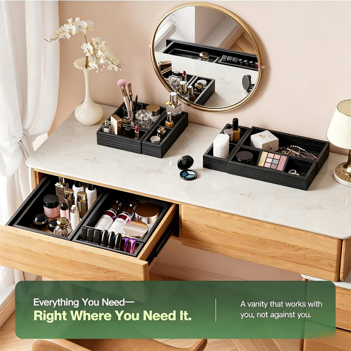 9-Pack Solid Wood Junk Drawer Organizer, Modular Desk Drawer Tray & Acces...