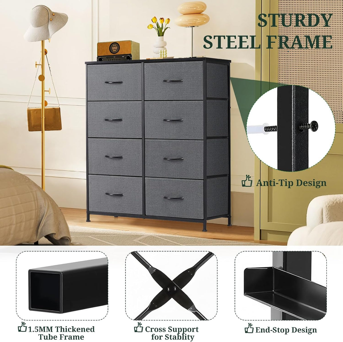 8-Drawer Dresser for Bedroom, Anti-Tip Tall Storage Organizer