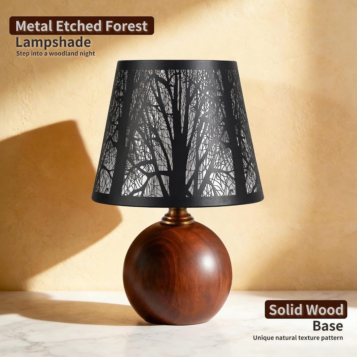 11.4" Rustic Solid Wood Small Table Lamp with Metal Forest Shade