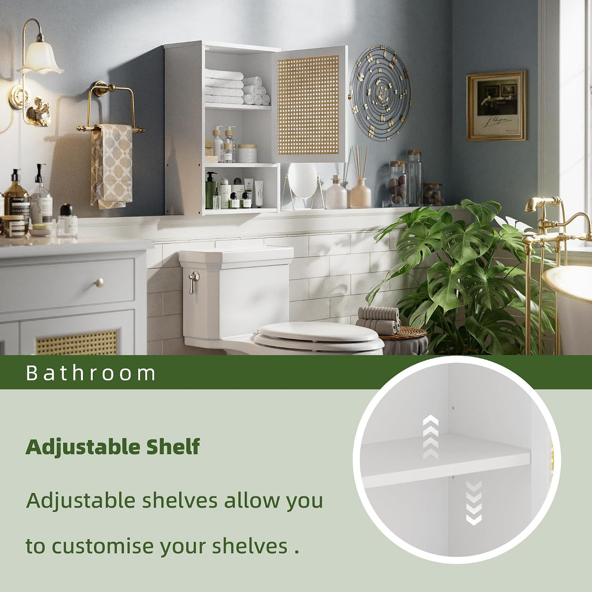 Bathroom Wall Cabinet, Bamboo Over-The-Toilet Storage Organizer with Rattan D...