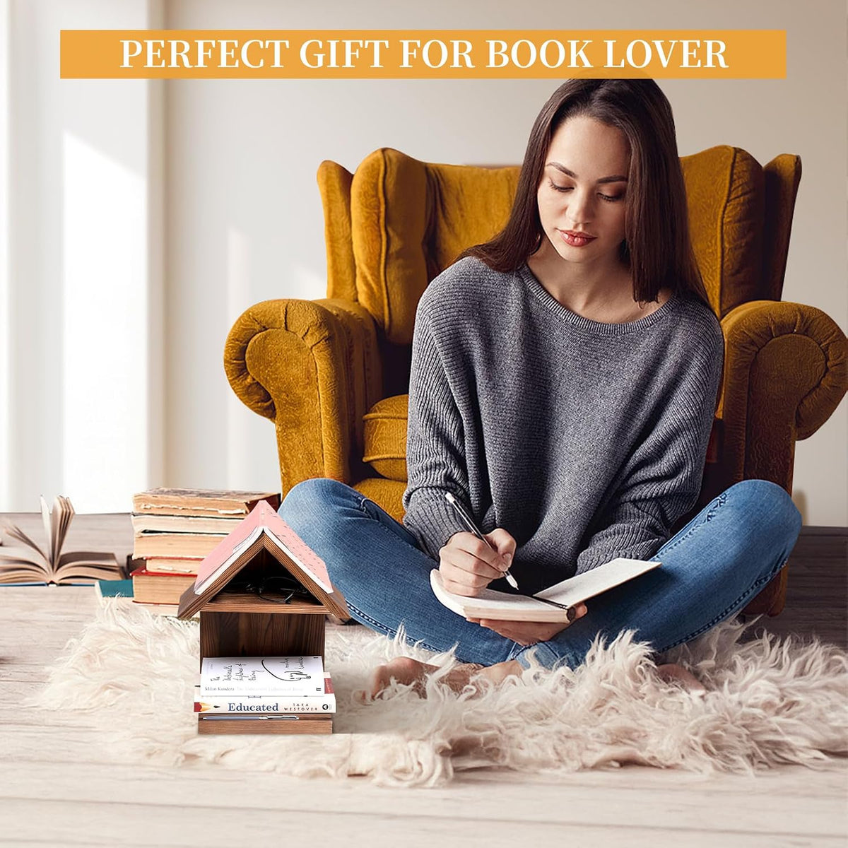 Floating Bedside Wood Bookshelf, Triangle Book Page Holder, Wooden Simple Boo...