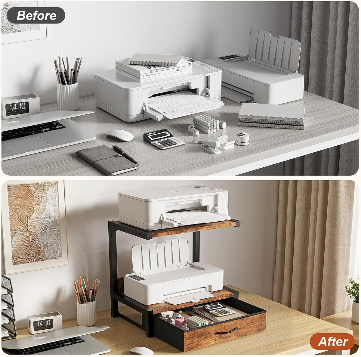 Printer Stand for Desk, Desktop Printer Stand with Fabric Drawer, 2-Tier Desk...