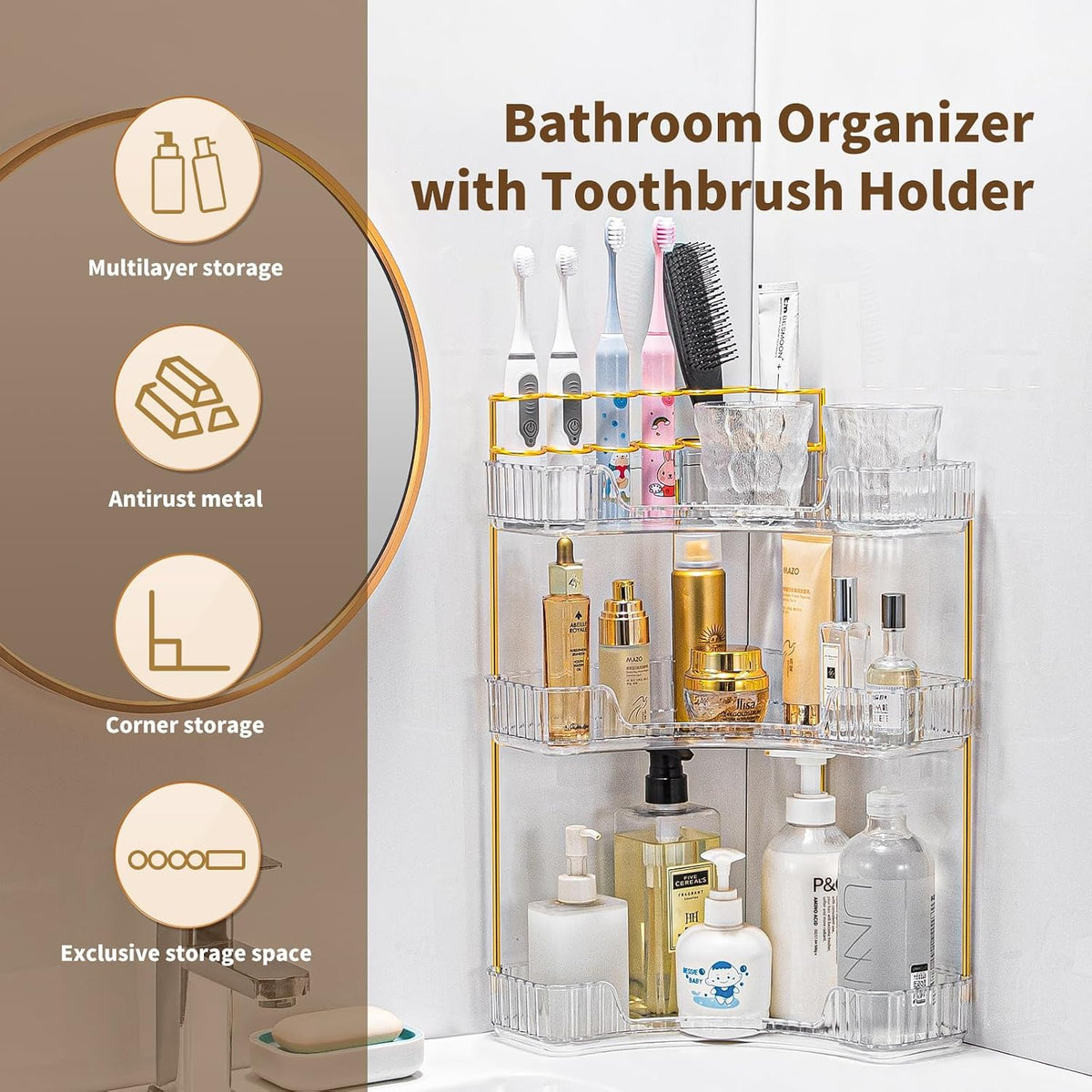 Makeup Organizer 3 Tier Bathroom Counter Organizer with Makeup Brush Holder
