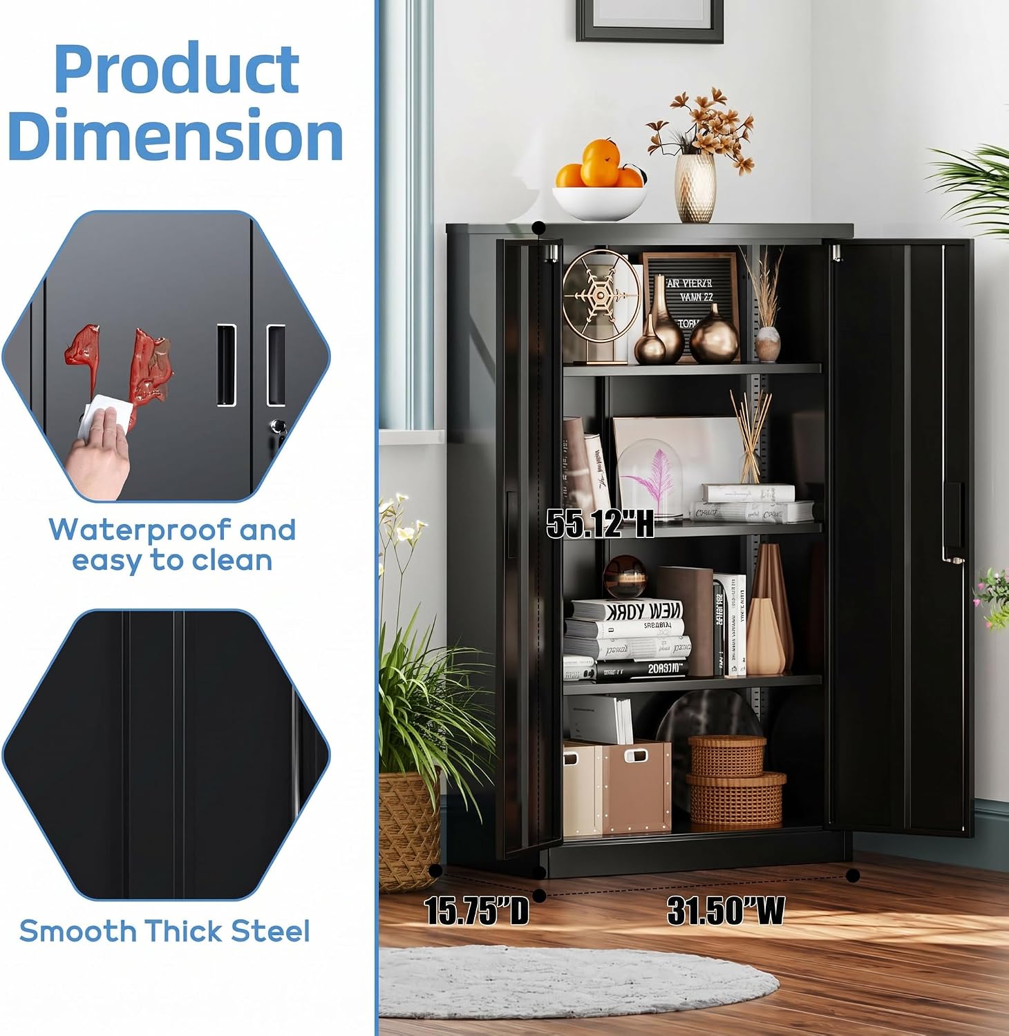 55-Inch Lockable Metal Storage Cabinet with 3 Shelves, Black | 15.75"D x 31.50"W x 55.12"H; 3 adjustable shelves, 120 lb each; lock with 2 keys; assembly required.